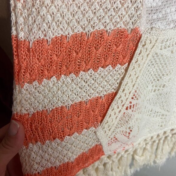Miss Me Size Medium Stripe Knit Hooded Sweater Crochet Fringe Boho Gauze Cream - Picture 5 of 9
